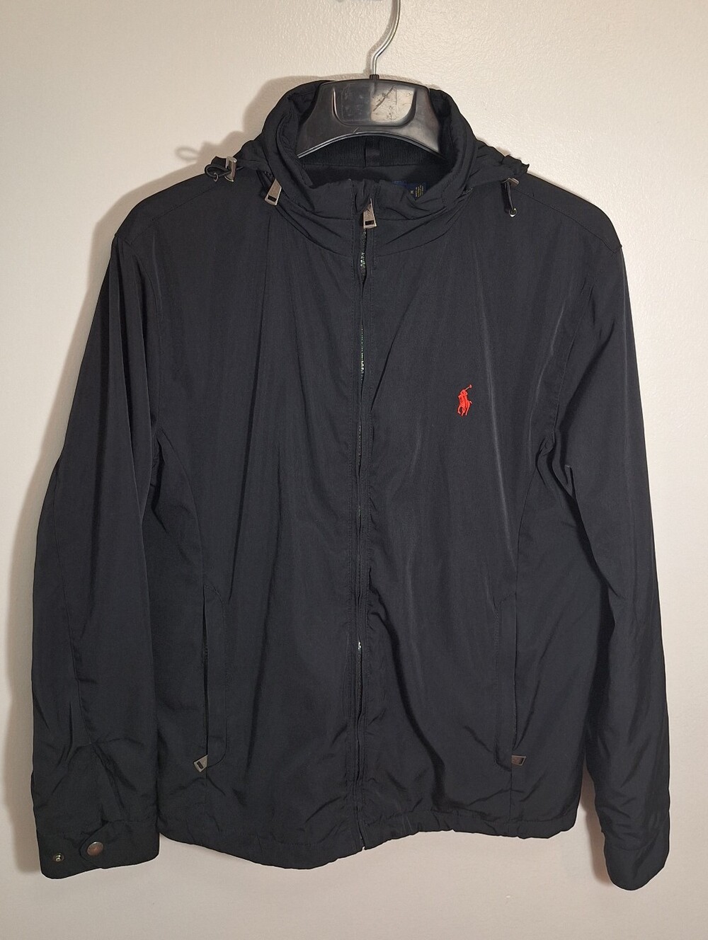 Polo Ralph Lauren Black Windbreaker Quilted Lining Red Pony Hood Pocket Mens Med